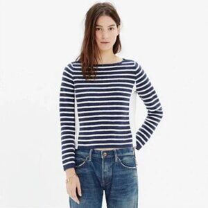 Madewell Cotton/Wool Blend Boat Neck Shoulder Zip Striped Sweater, Navy, XS